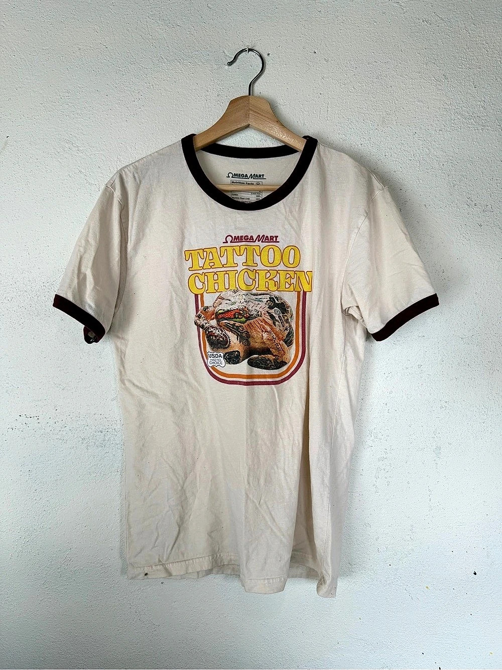 Omega Mart Tattoo Chicken Ringer Tee Graphic Tee White & Red Medium
